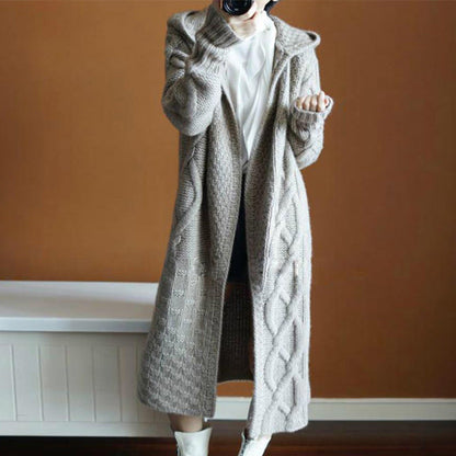 Damen Strickmantel Kapuze Zopfmuster Winter