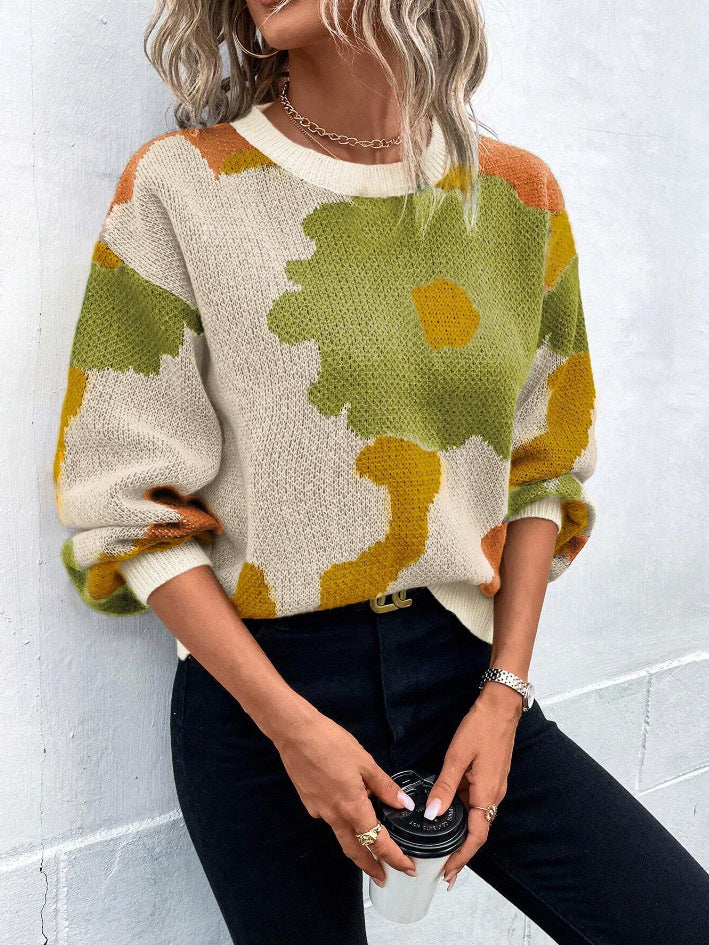 Patterned Knitted Sweater Loose Fit Round Neck