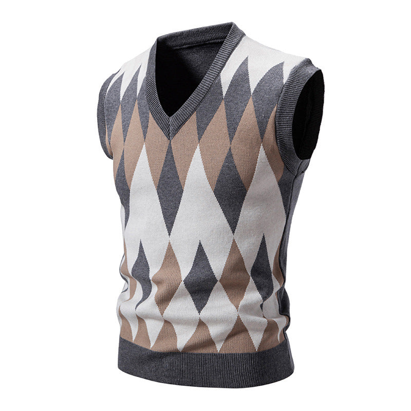Men's Knitted Sleeveless Elegant Diamond Pattern Sweater