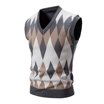 Men's Knitted Sleeveless Elegant Diamond Pattern Sweater