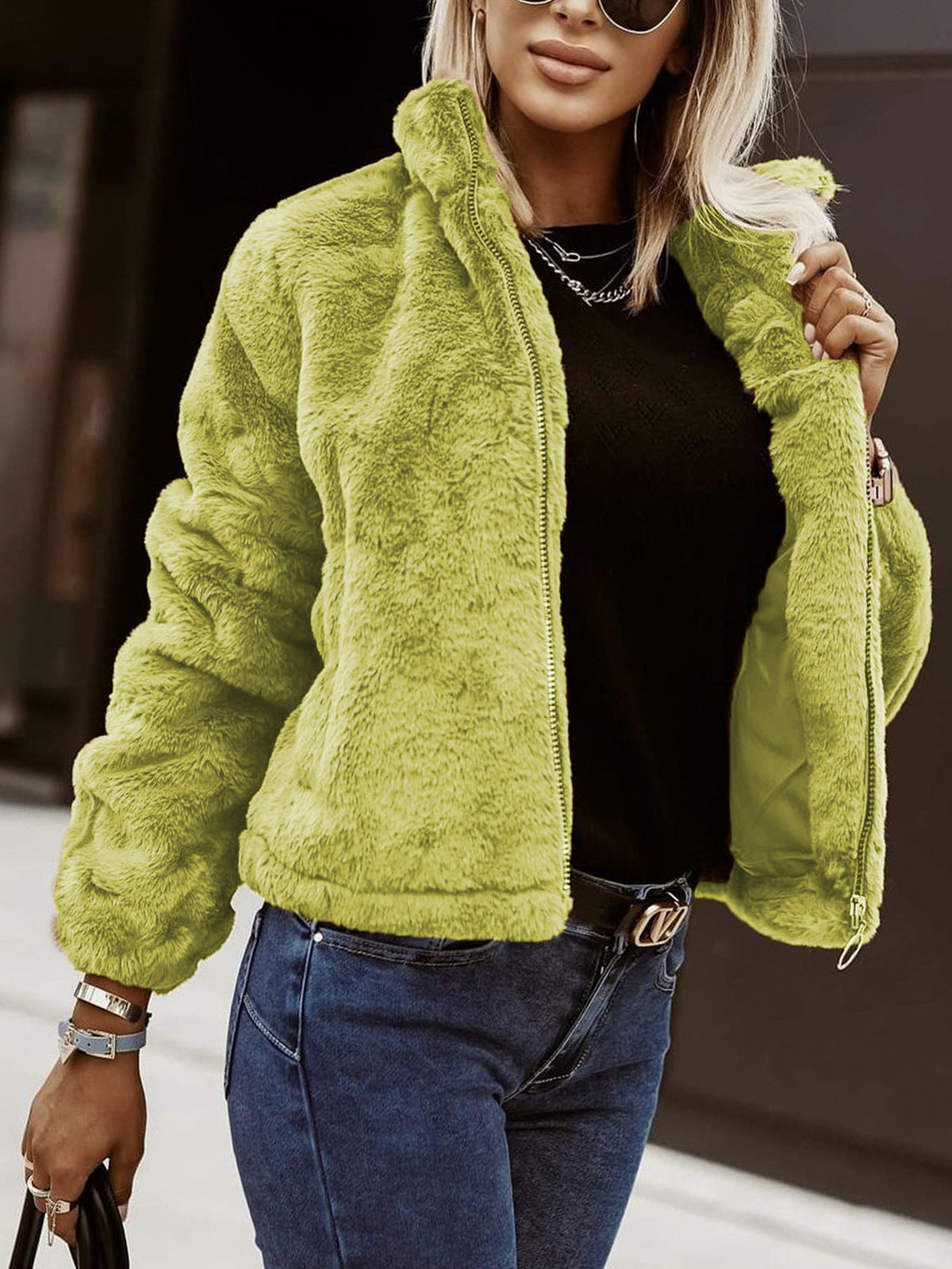 Women's Soft Teddy Bomber Jacket with Zipper