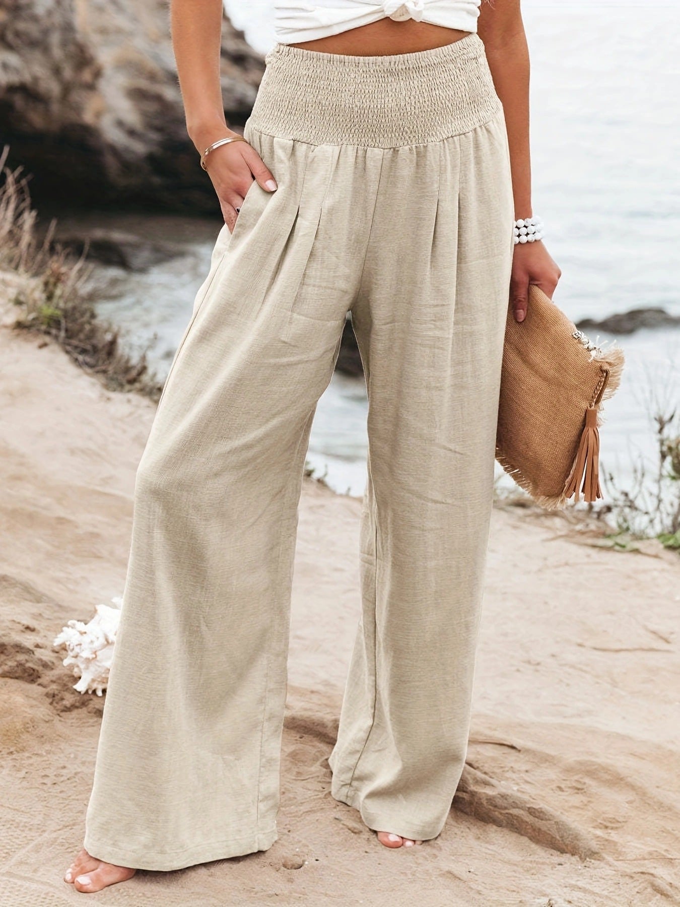 Women's Linen Trousers Wide Comfortable Pleated Skirt Effect