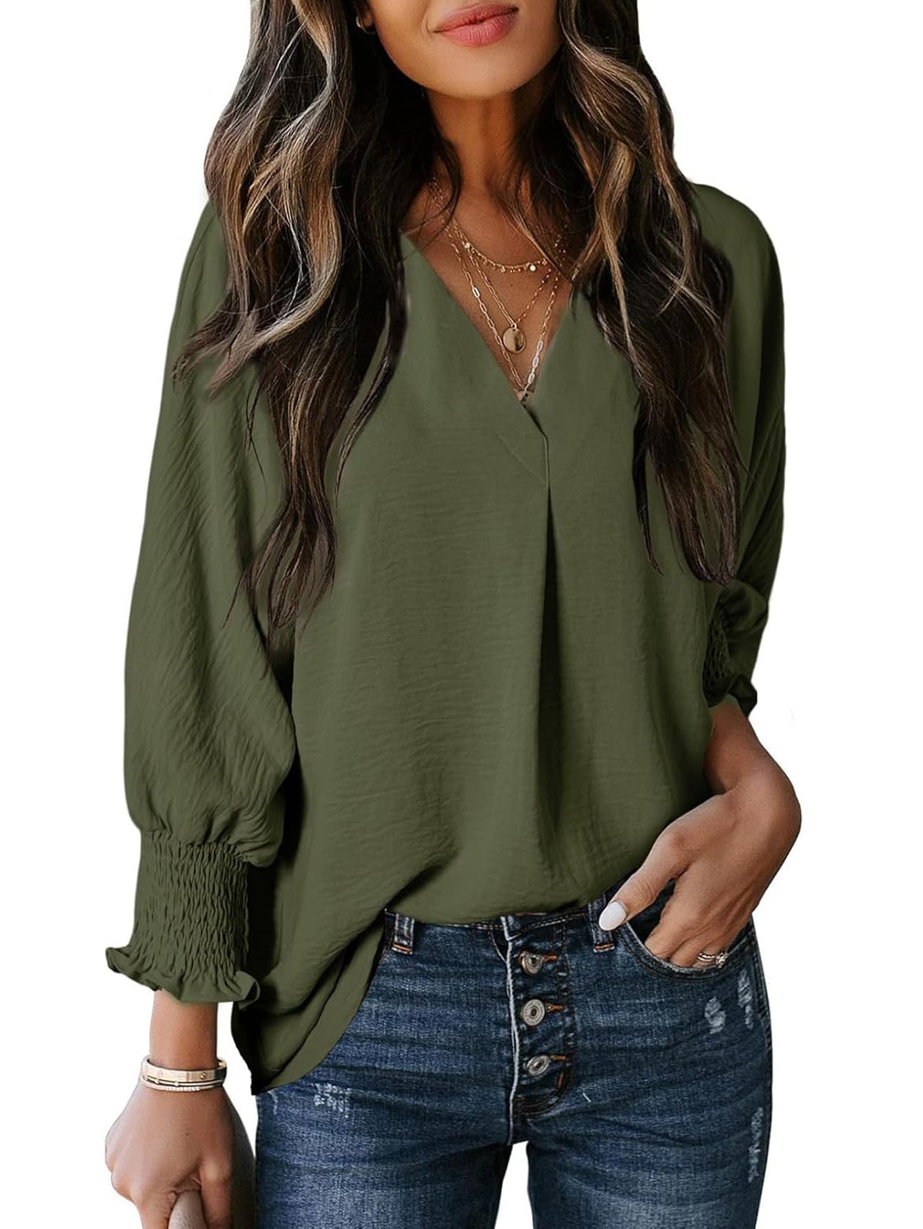 Women's Blouse V-Neck Ruffle Details Elegant