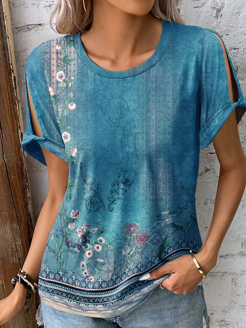 Women's T-Shirt Floral Print Open Sleeves Summer Style