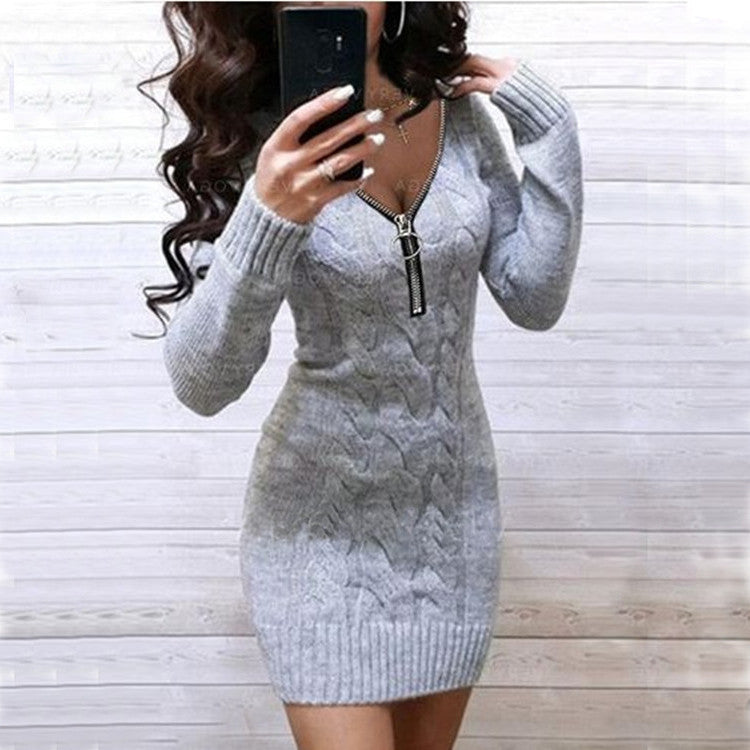Women's Knitted Dress with Zipper Detail and Textured Pattern
