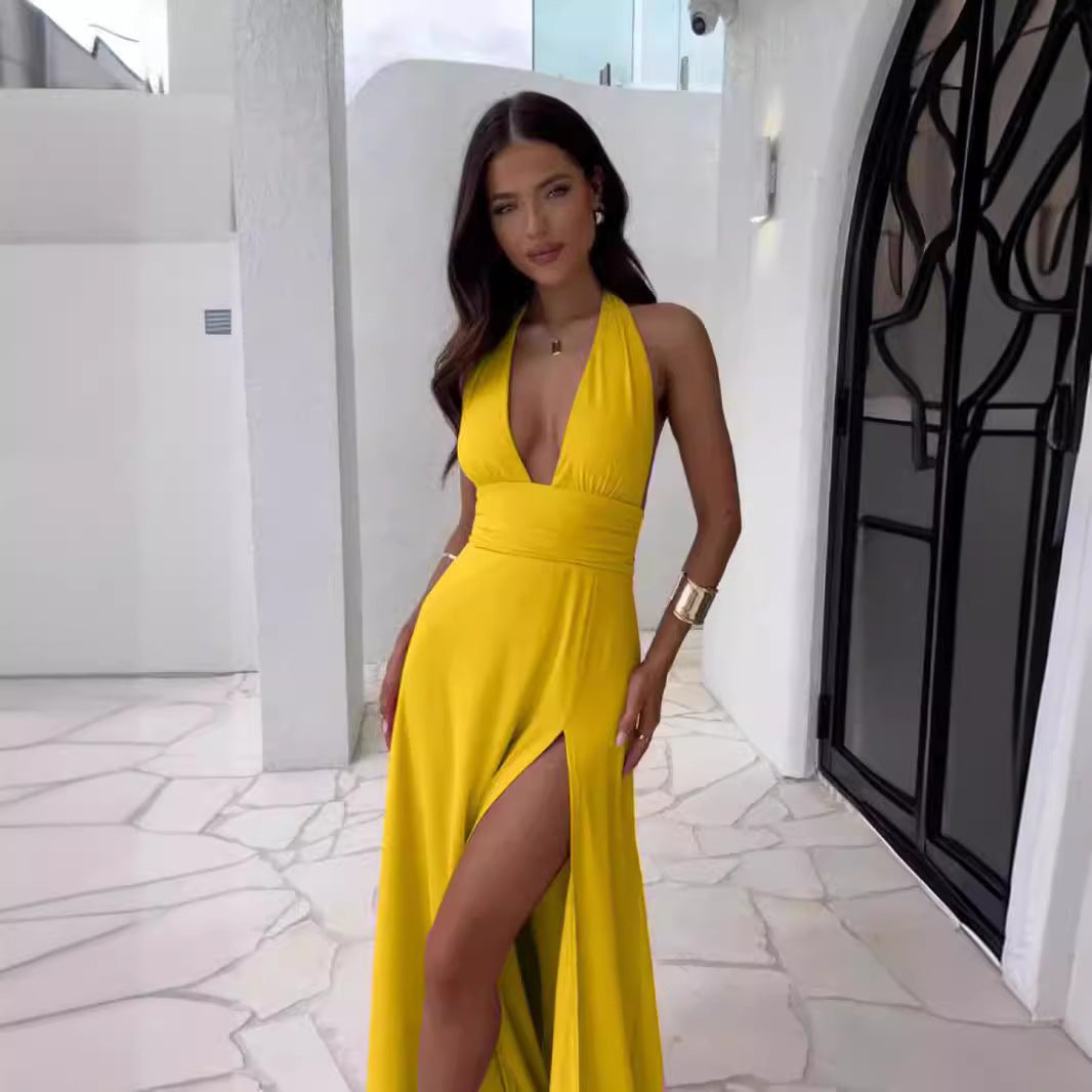 Women's Elegant V-Neck Maxi Dress with High Slit