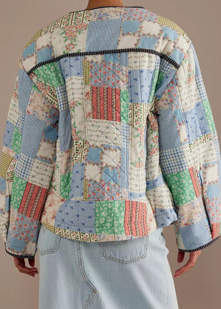 Stylische Patchwork-Jacke Baumwolle Quilted Rundhals - IdealeKleiden