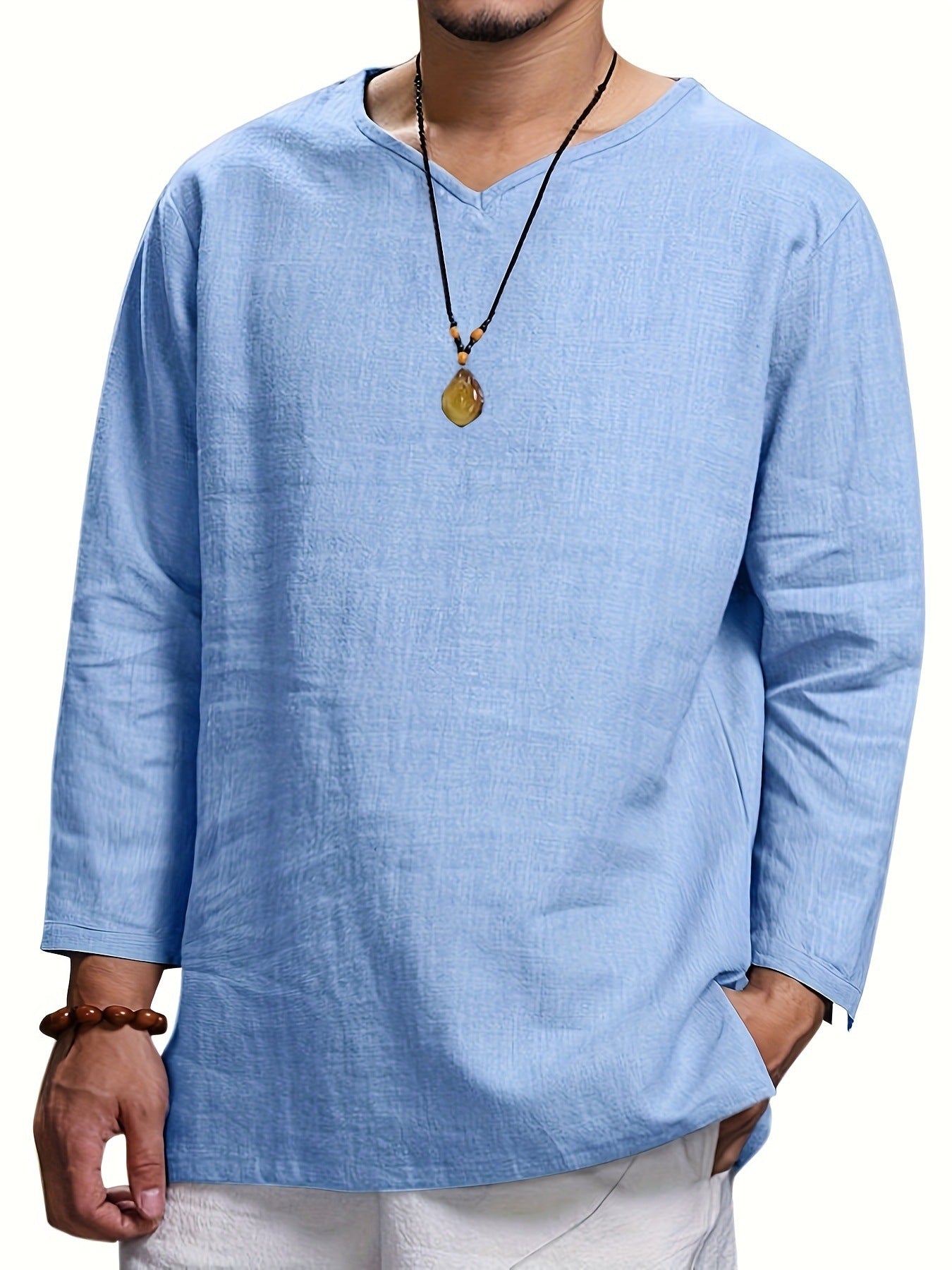 Men's Long-Sleeve Shirt Relaxed Fit V-Neck