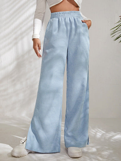 Women's Corduroy Wide Leg Trousers with Slits Elastic