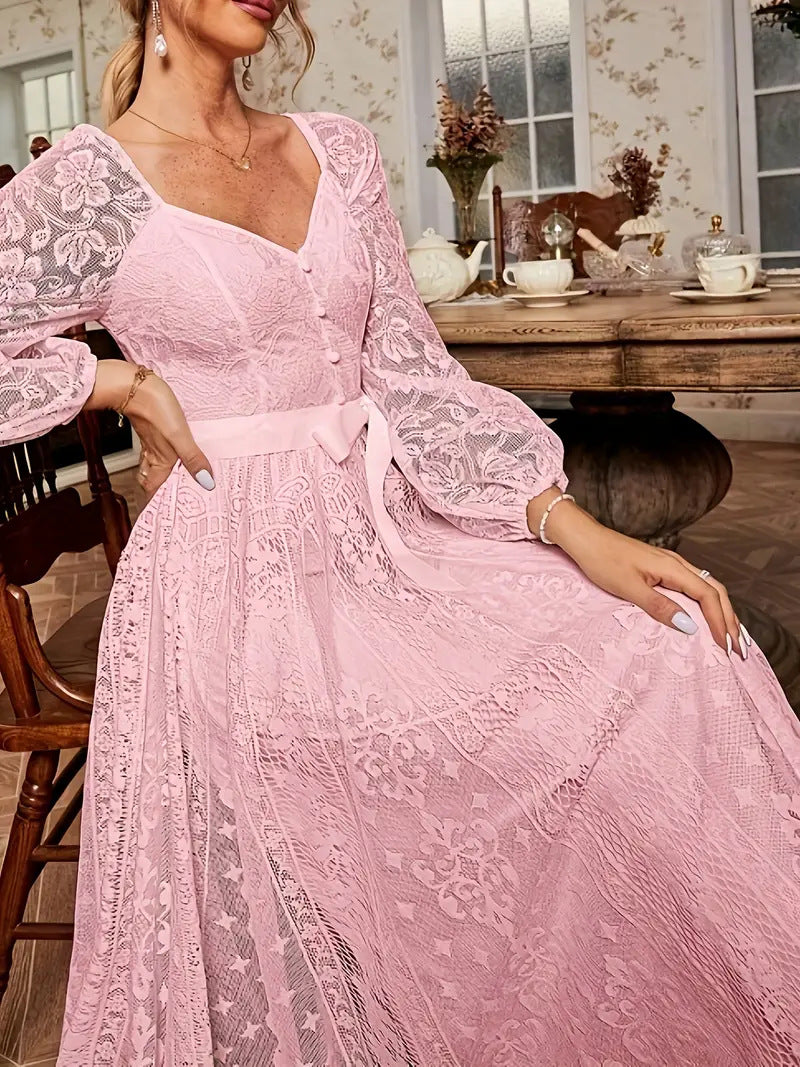 Women's Elegant Lace Puff Sleeve Waist Dress