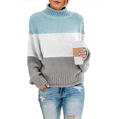 Women's Sweater Chunky Knit High Collar Modern Color Block
