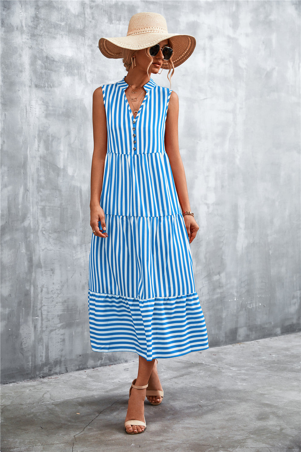 Women's Maxi Dress Striped Elegant Button Closure
