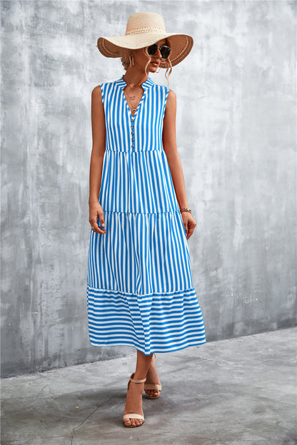 Women's Maxi Dress Striped Elegant Button Closure