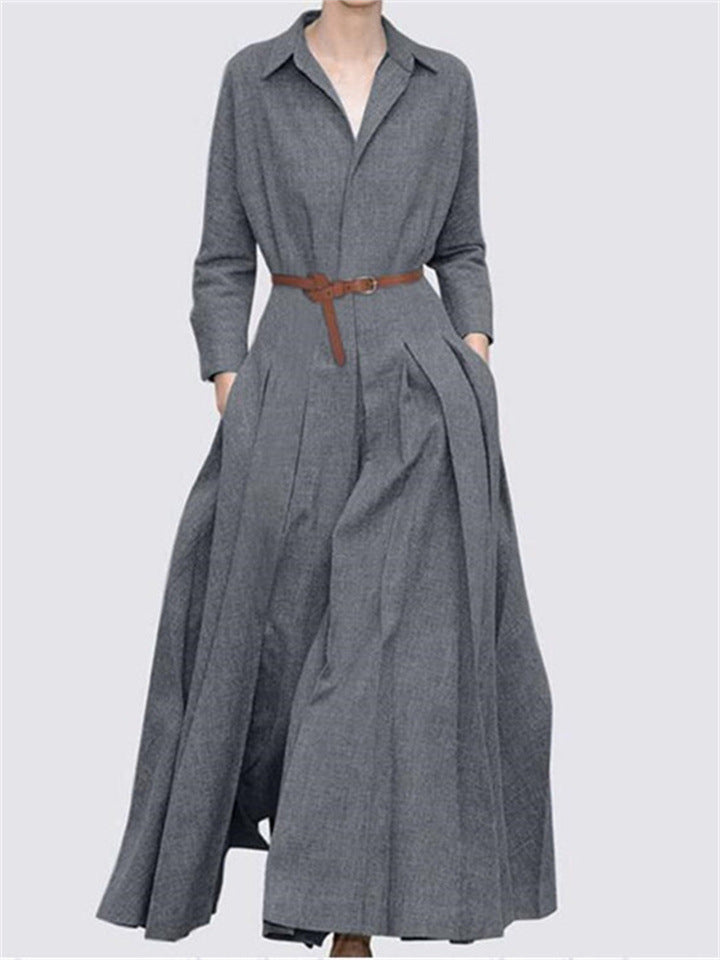 Women's Elegant Pleated Belted Maxi Dress
