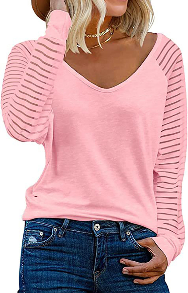 Women's Top Long Sleeve V-Neck Striped Sleeves Trendy