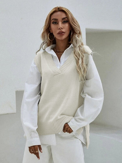Women's Knitted Vest V-Neck Wide Rib Knit