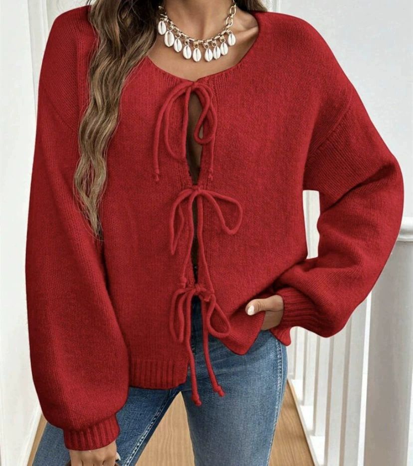 Damen Strickpullover Weich Großzügig Schnürdetail