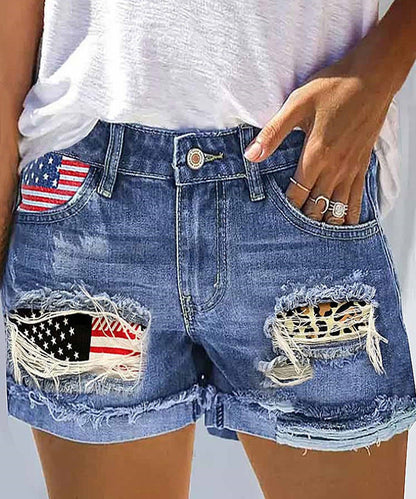 Women's Denim Shorts Trendy America Print Ripped Effect