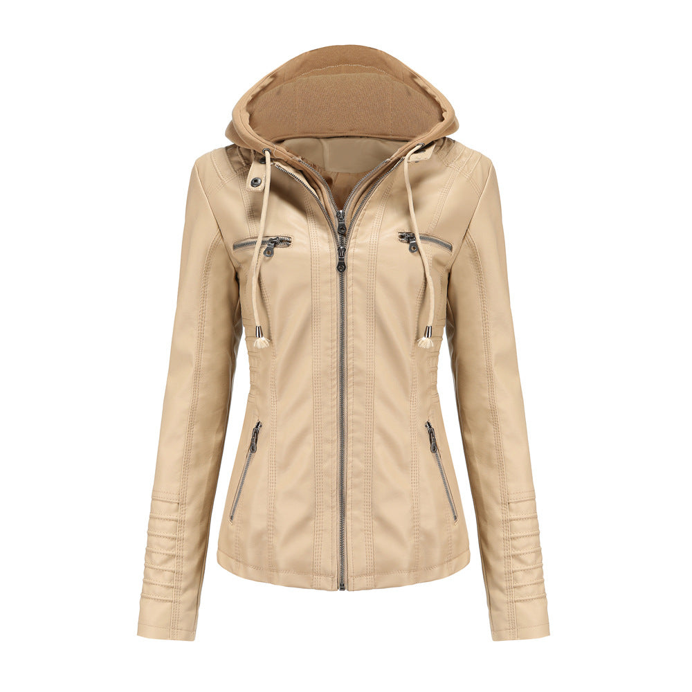 Stylish Leather Jacket Slim Fit Hood Zipper