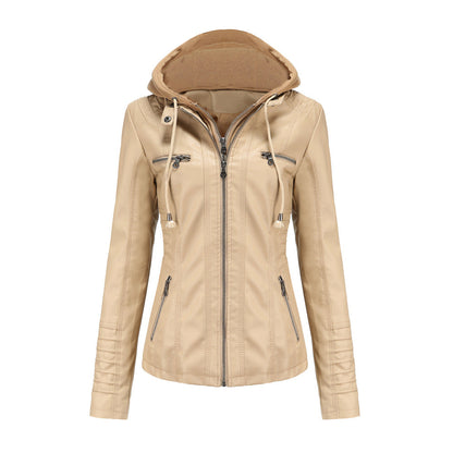 Stylish Leather Jacket Slim Fit Hood Zipper