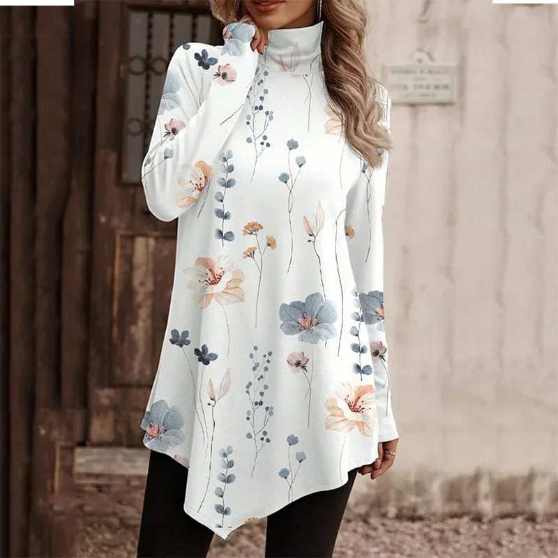 Women's Tunic Floral Pattern High Collar