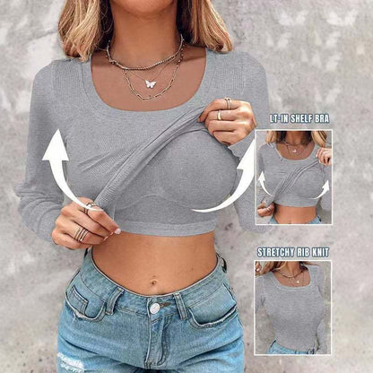 Women's Crop Top Long Sleeve Bra Insert Stretch
