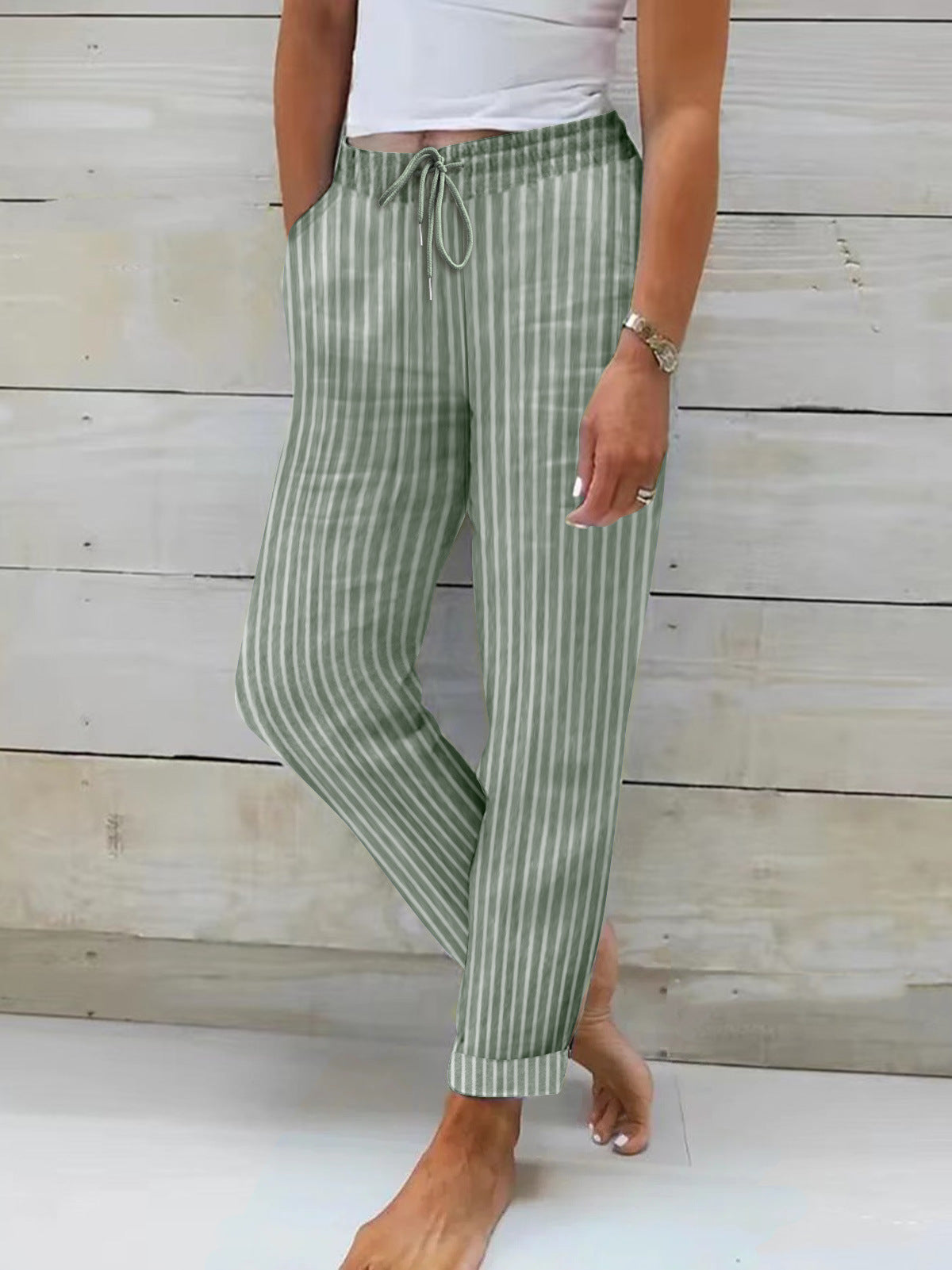 Women's Comfortable Cotton Trousers Striped Pattern Flexible Waistband