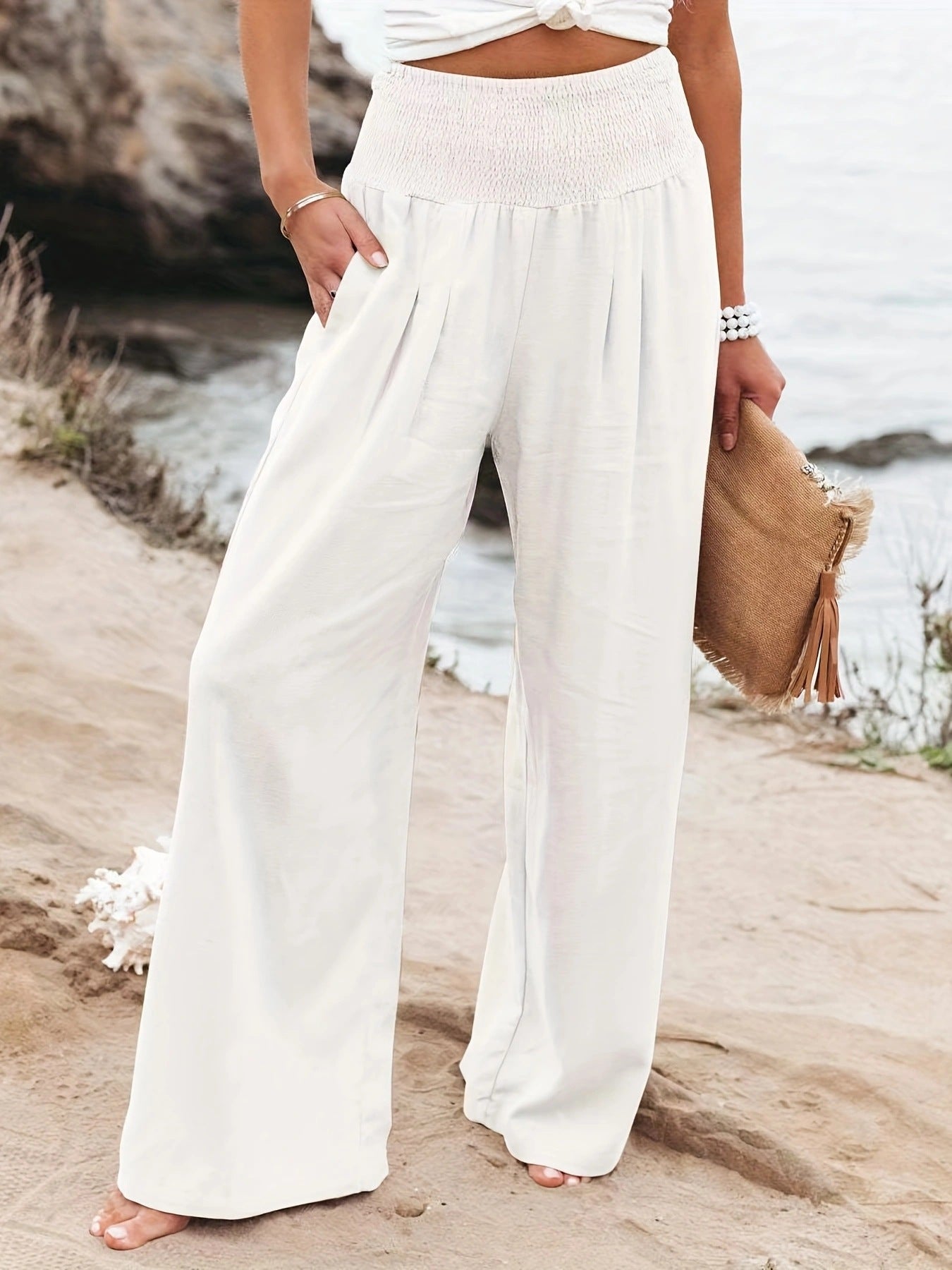Women's Linen Trousers Wide Comfortable Pleated Skirt Effect