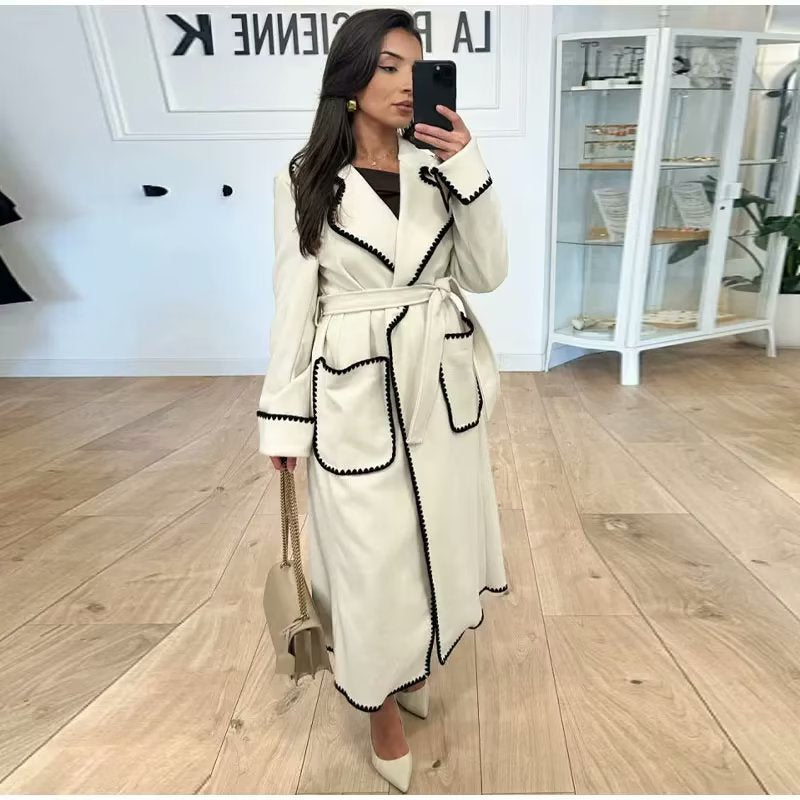 Damen Übergangsjacke Elegant Gürtel Luxus Taschen - IdealeKleiden