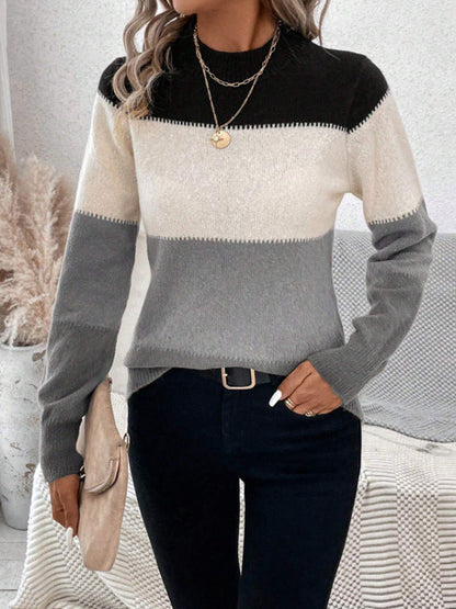 Women's Trendy Block Stripe High Collar Knitted Sweater