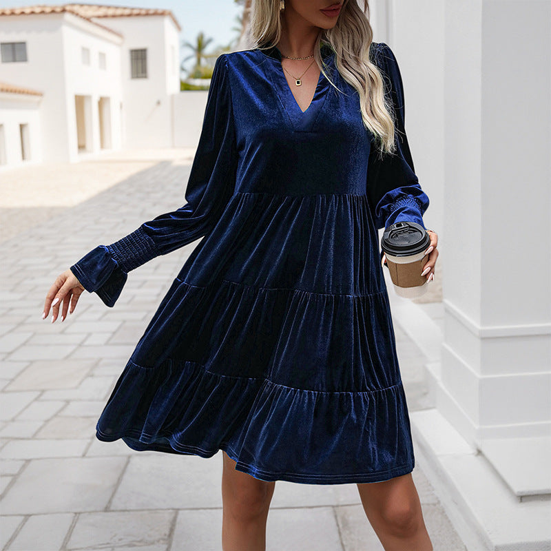 Women's Velvet Dress Elegant Ruffle Design V-Neck