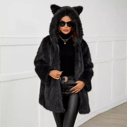 Damen Kunstpelz Jacke Weich Kapuze Winter