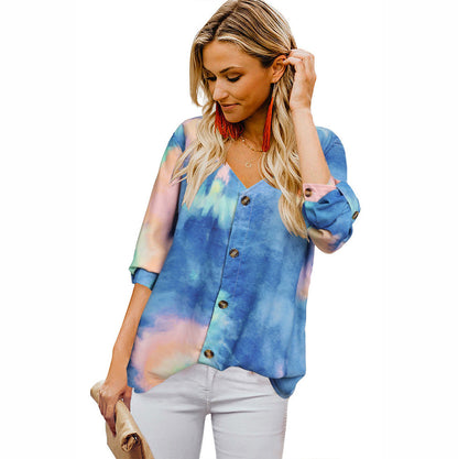 Women's Blouse Colorful Rolled-Up Sleeves