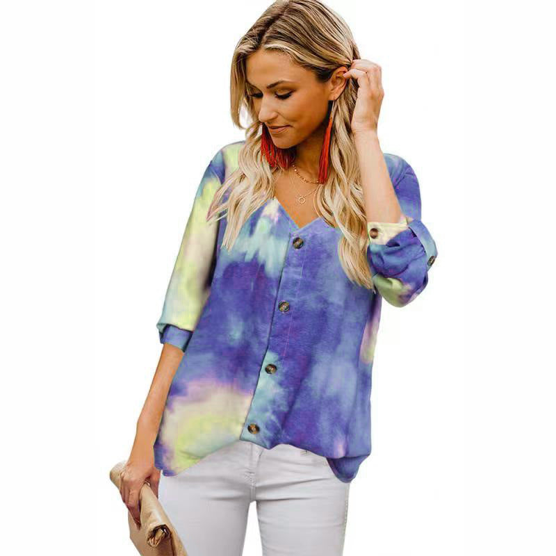 Women's Blouse Colorful Rolled-Up Sleeves