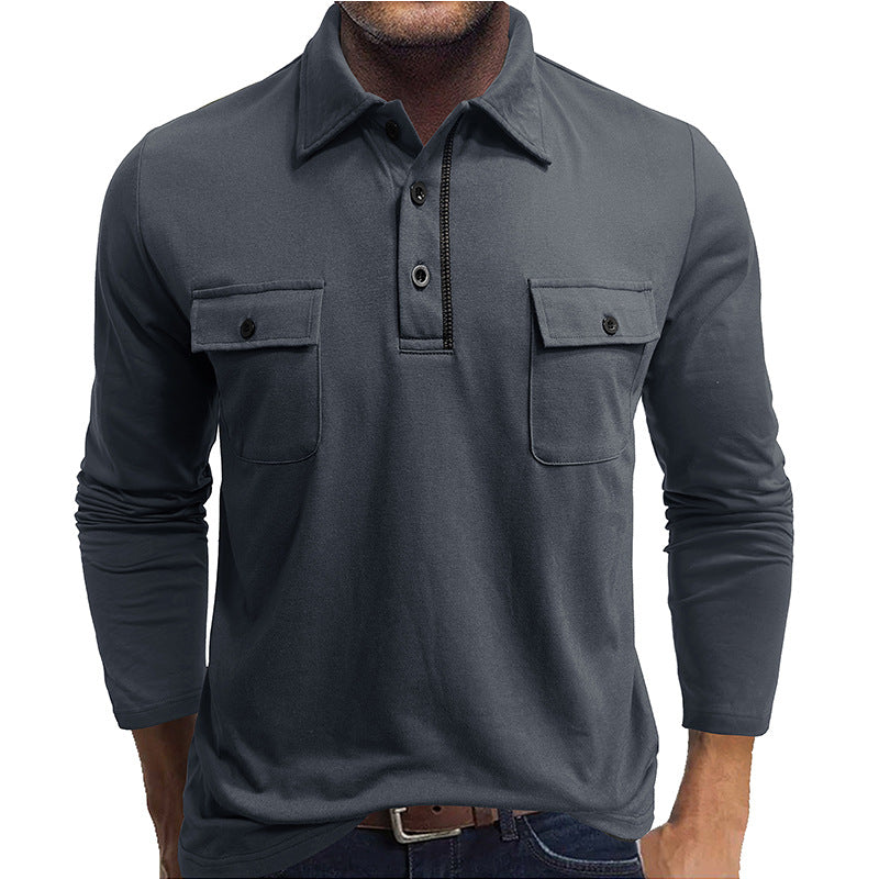 Men's Cotton Long-Sleeved Polo Shirt with Flap Pockets