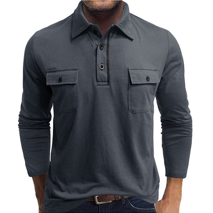 Men's Cotton Long-Sleeved Polo Shirt with Flap Pockets