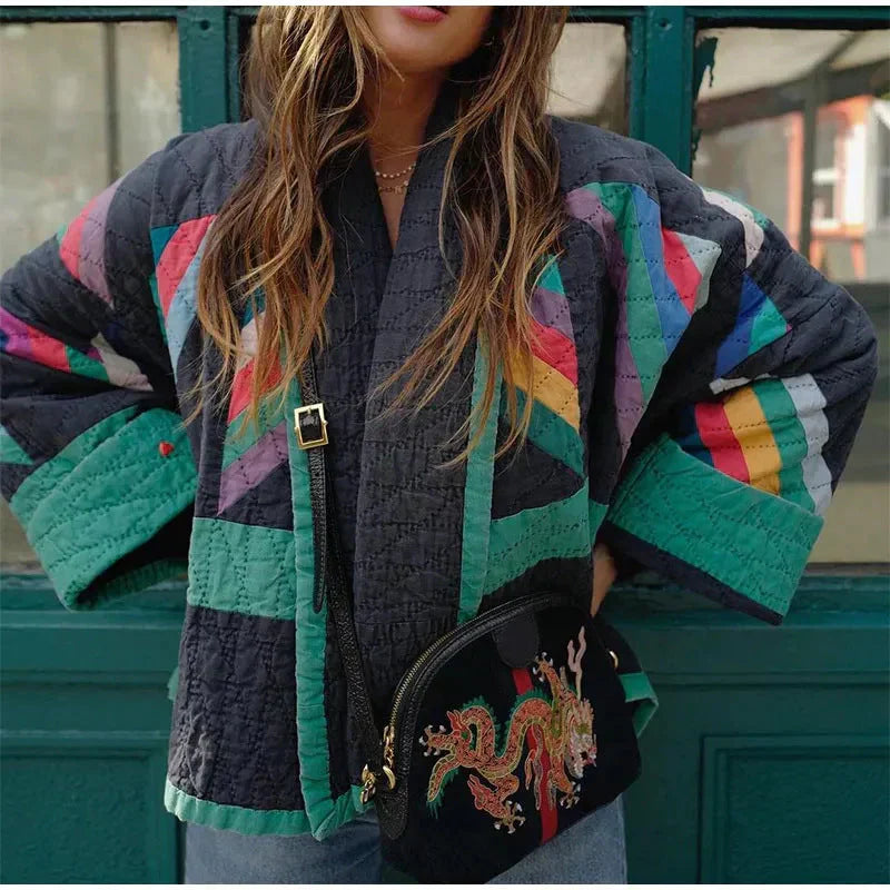 Oversized Steppjacke Hüftlang Patchwork Look - IdealeKleiden