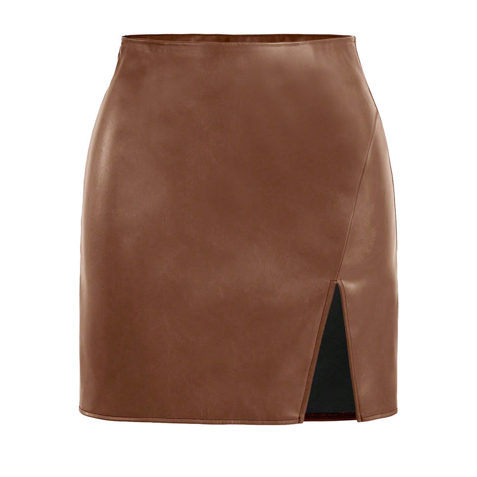 Short women's faux leather skirts with side slit