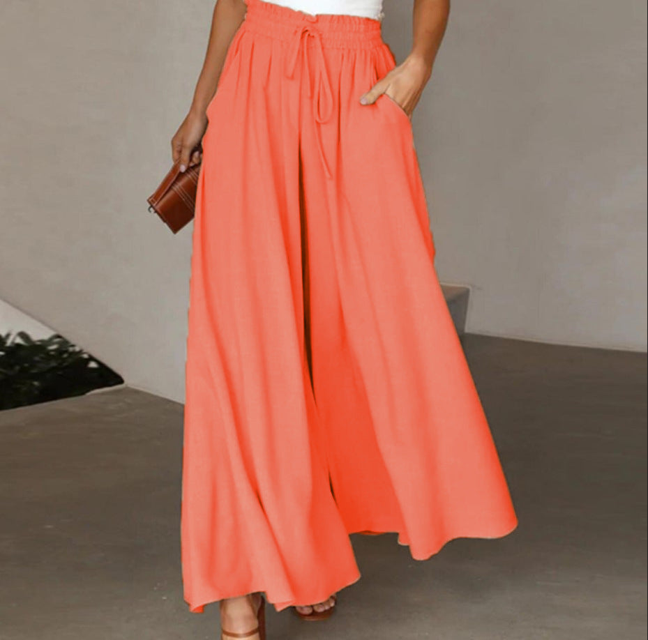 Women's Elegant Wide-Leg Trousers with Elastic Waistband and Pockets