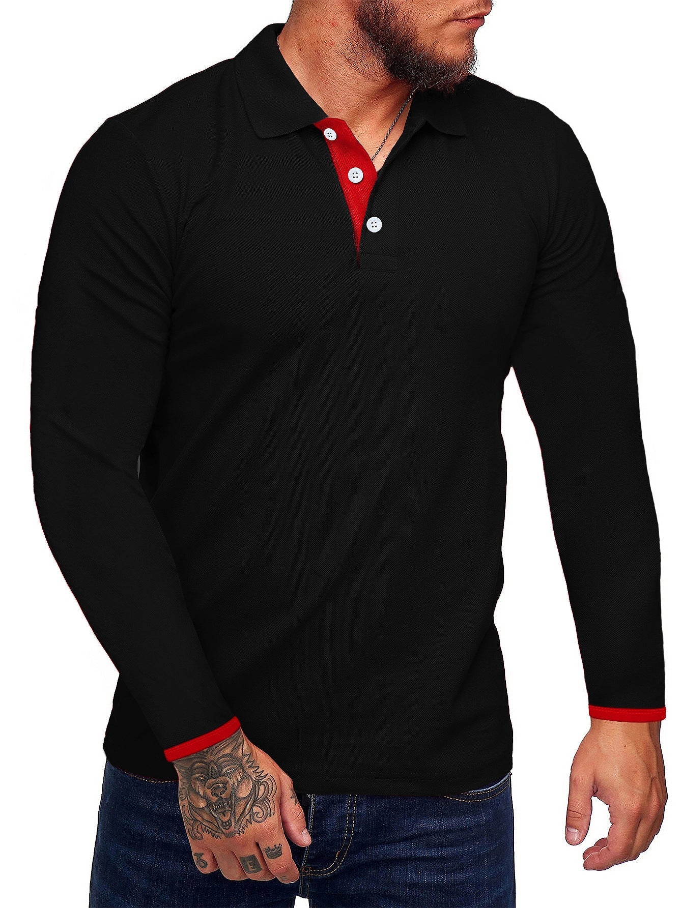 Men's Long-Sleeve Polo Shirt Modern Contrast Buttons