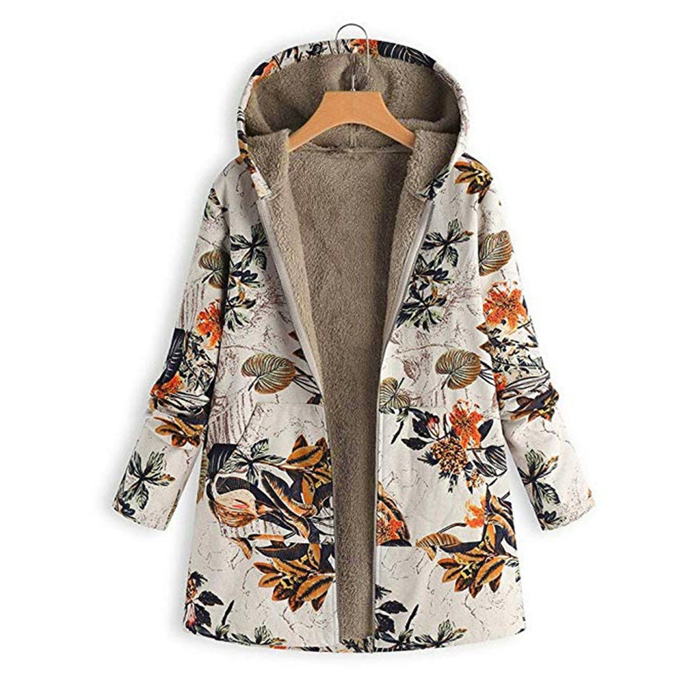 Hooded Coat Women's Plush Lining Floral Design Loose Fit