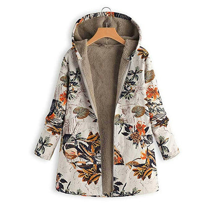 Hooded Coat Women's Plush Lining Floral Design Loose Fit