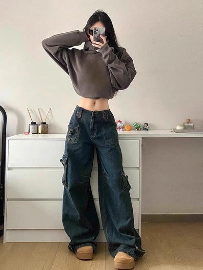 Women's Oversized Cargo Jeans with Pockets Comfortable Casual