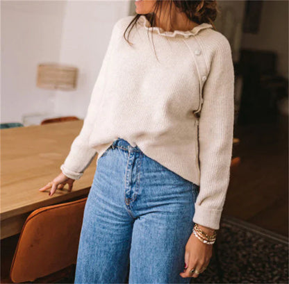 Women's Sweater Wool Knit Ruffle Collar Loose Fit