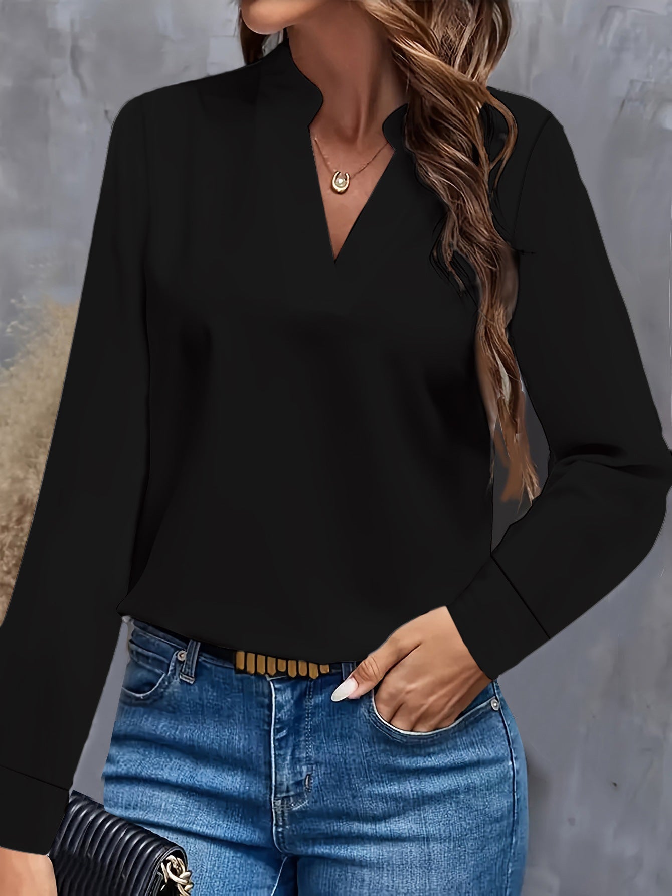 Elegant Women's Blouse Stand-Up Collar Long-Sleeved