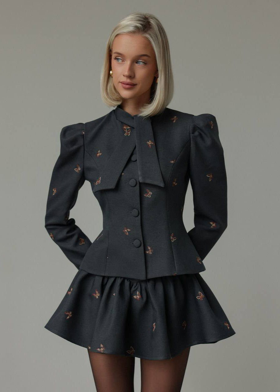 Stylish Women's Set Puff Sleeve Jacket Skirt