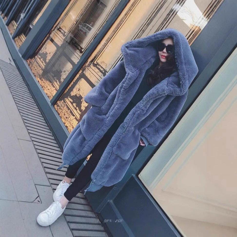 Oversized Women's Coat Faux Fur Hood & Pockets