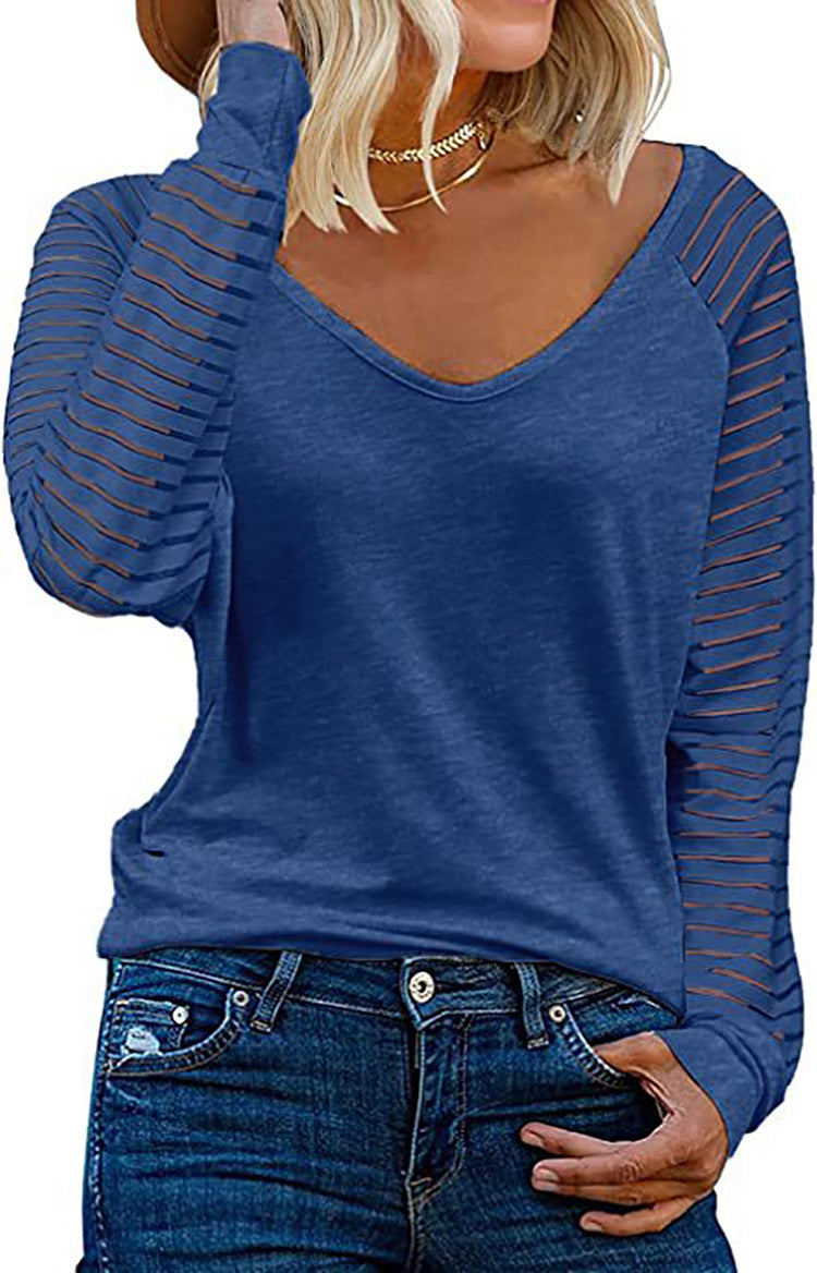 Women's Top Long Sleeve V-Neck Striped Sleeves Trendy
