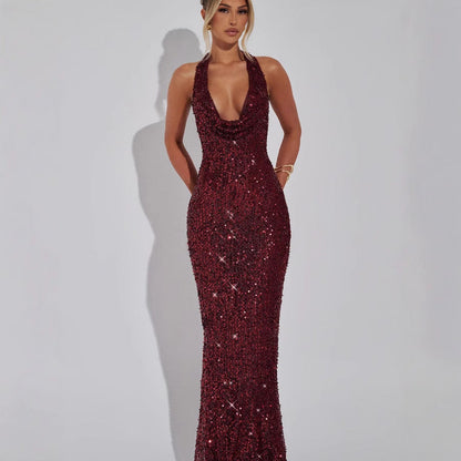 Glamorous Sequin & V-Neck Evening Gown
