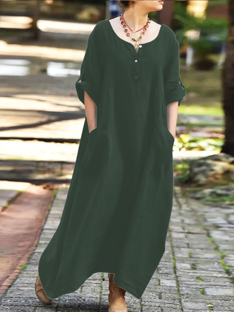 Women's Casual Maxi Dress with Pockets and Buttons